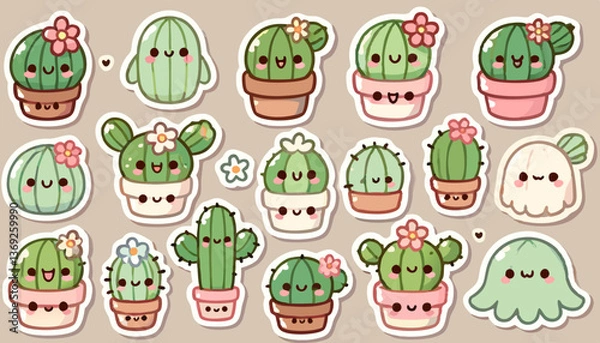Fototapeta Easter eggs cute cactus pattern sticker pack