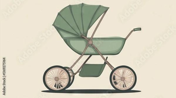 Fototapeta 71.Vector drawing of a green baby stroller with a classic design, rounded canopy, and functional wheels, ideal for child-related themes and graphic applications.