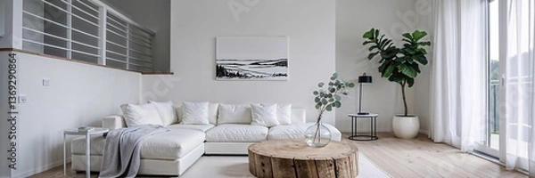 Fototapeta Generative AI, Scandinavian minimalist living room with white sectional and wood accents