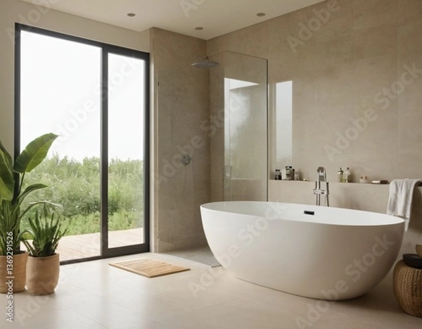 Fototapeta Modern minimalist bathroom with sleek fixtures, neutral tones, large mirror, natural light, and eco-friendly design elements.