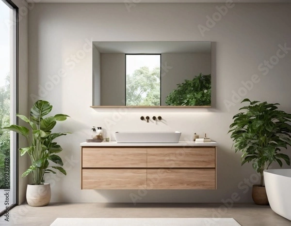 Fototapeta Modern minimalist bathroom with neutral tones, sleek fixtures, a freestanding bathtub, large mirrors, and natural light streaming through a window, featuring eco-friendly materials and clean lines.