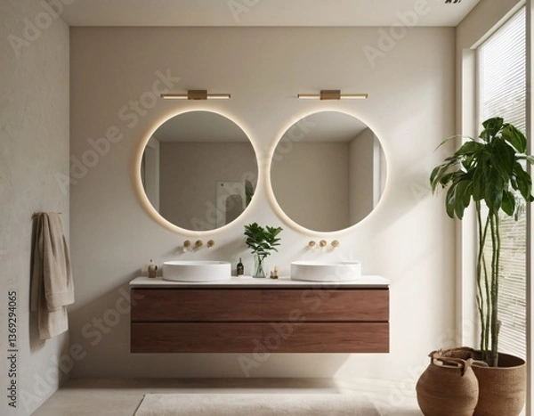 Obraz Modern minimalist bathroom with neutral tones, sleek fixtures, a freestanding bathtub, large mirrors, and natural light streaming through a window, featuring eco-friendly materials and clean lines.