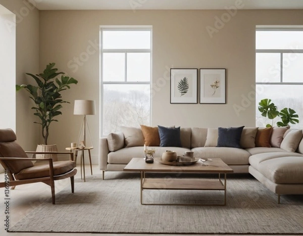 Fototapeta Modern minimalist living room with sleek fixtures, neutral tones, natural light, and a touch of greenery, showcasing a spacious and calming atmosphere.