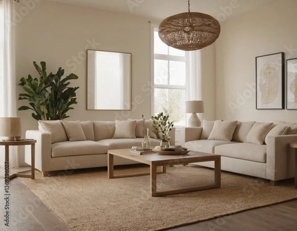 Fototapeta Modern minimalist living room with sleek fixtures, neutral tones, natural light, and a touch of greenery, showcasing a spacious and calming atmosphere.