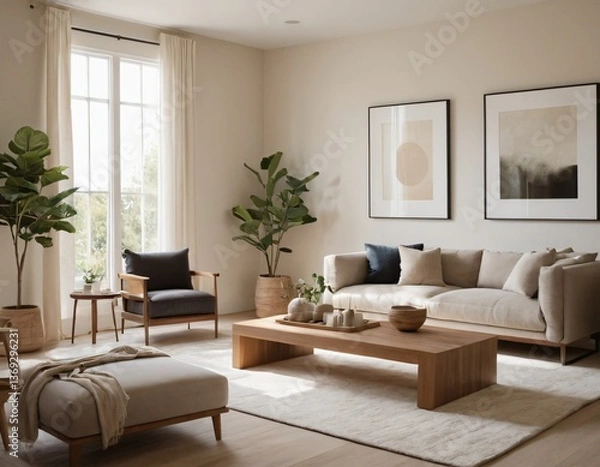 Fototapeta Modern minimalist living room with sleek fixtures, neutral tones, natural light, and a touch of greenery, showcasing a spacious and calming atmosphere.