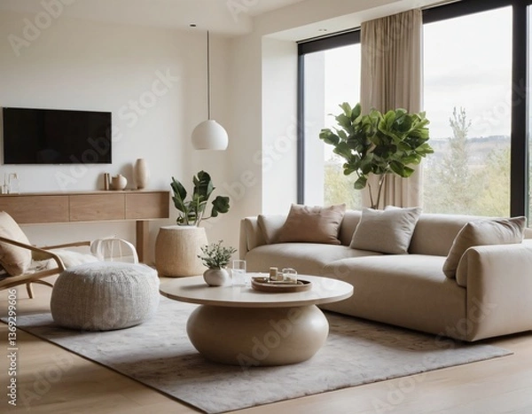 Fototapeta Modern minimalist living room with sleek fixtures, neutral tones, natural light, and a touch of greenery, showcasing a spacious and calming atmosphere.