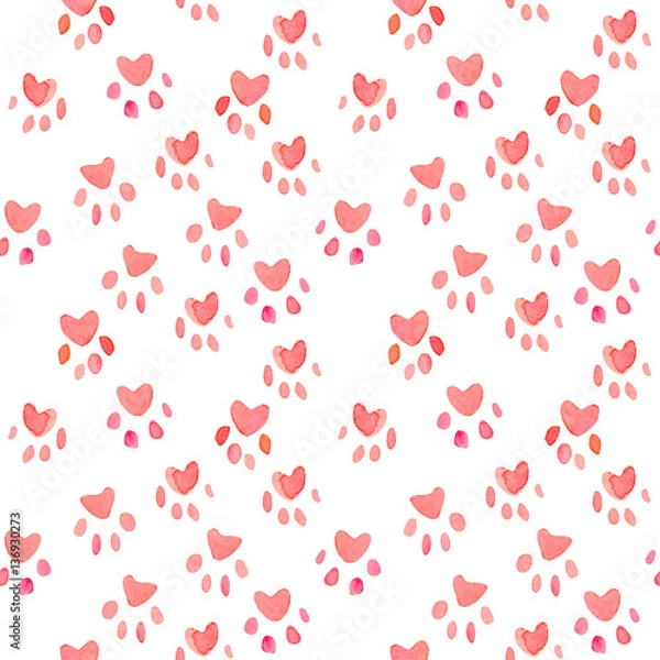 Obraz Seamless heart paws traces pattern, watercolor with clipping mask