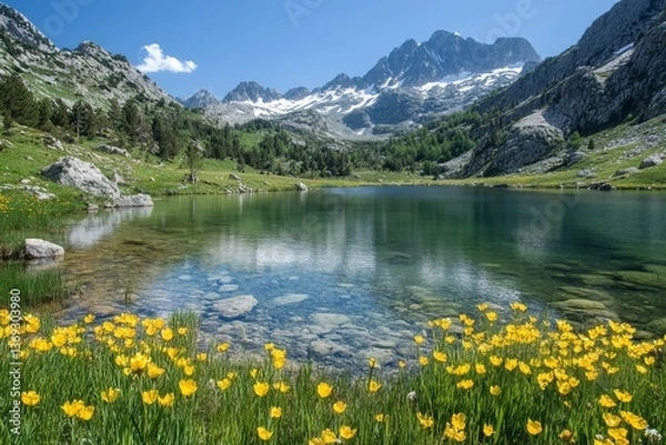 Fototapeta Mountain lake surrounded by wildflowers and pine trees under blue sky