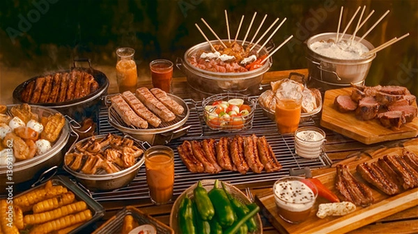 Fototapeta Variety meat and sauce for the barbecue party. Generative AI.