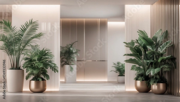 Obraz Contemporary and welcoming design, combining lush foliage, soft light and modern natural elements. Contemporary living room with biophilic decor.