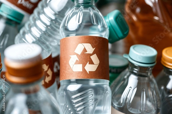 Fototapeta Close up of recyclable plastic bottles with recycling symbol , Environment concept