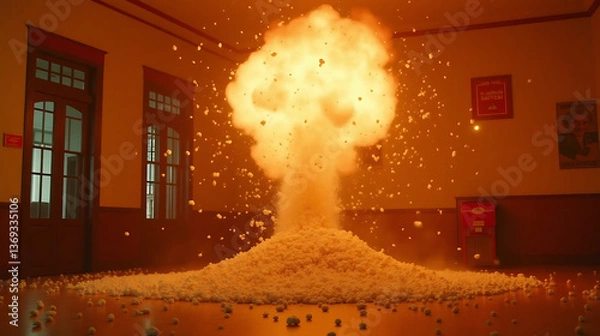Obraz April Fools disaster film style, vintage popcorn machine exploding inside town hall2