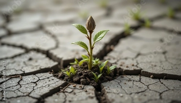 Obraz Resilience of Nature: A Plant Growing Through Cracked Soil