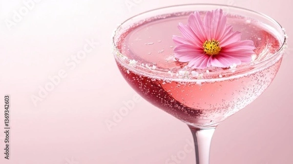 Obraz Sparkling Pink Cocktail with Flower Garnish in Elegant Glassware