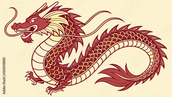 Fototapeta Dynamic Chinese Dragon Vector Illustration with Scales and Whiskers