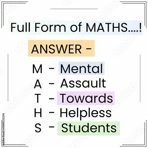 Obraz This is a pixel design illustrating the humorous full form of MATHS as "Mental Assault Towards Helpless Students," reflecting a fun take on academic struggles.