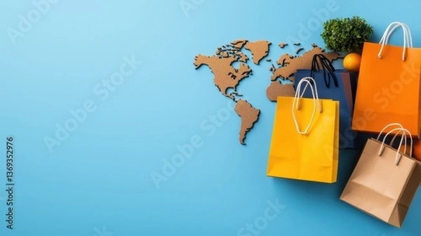 Fototapeta Shopping bags and a world map on a minimalist blue background representing the concept of global e commerce international logistics and the growing digital retail industry