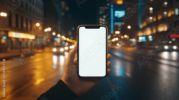 Fototapeta Urban connectivity, person using smartphone on city street for communication and navigation
