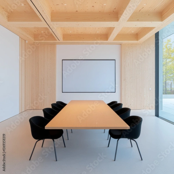 Fototapeta modern conference room featuring long wooden table and black chairs, with minimalist design and natural light