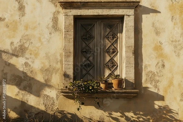 Fototapeta SunDrenched Mediterranean Window with Plants.