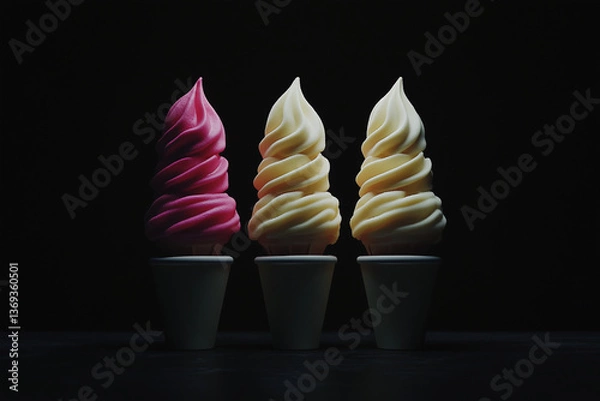 Fototapeta Three swirls of frozen delight, pink, yellow, and vanilla, stand tall against a dark backdrop, a minimalist study in sweet contrasts.