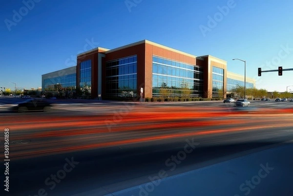 Fototapeta Modern office building with large glass windows, captured in motion blur of passing cars.