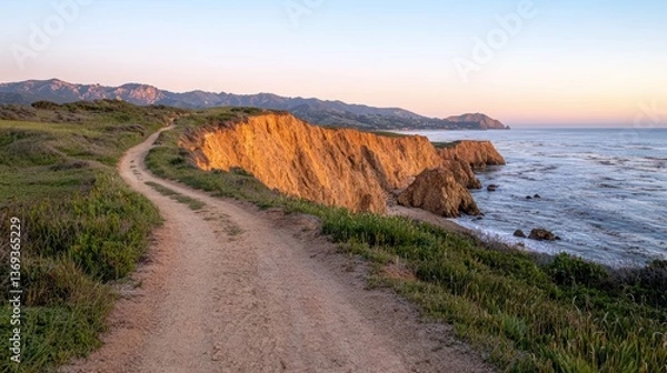 Obraz Coastal trail along cliffs at sunset.