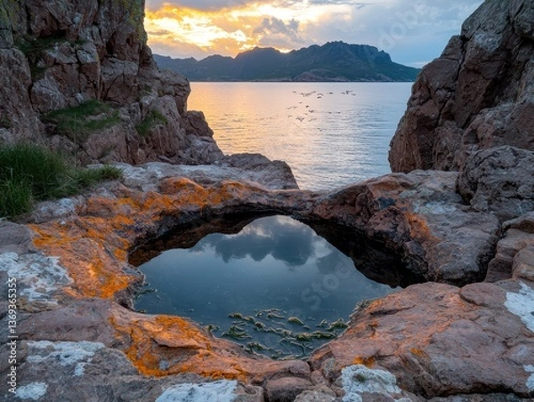 Fototapeta Scenic view of a rocky coastline at sunset with a tide pool.