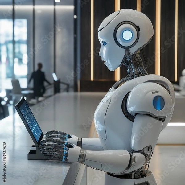 Fototapeta fully automated bank branch with AI-driven customer service bots and digital currency transactions