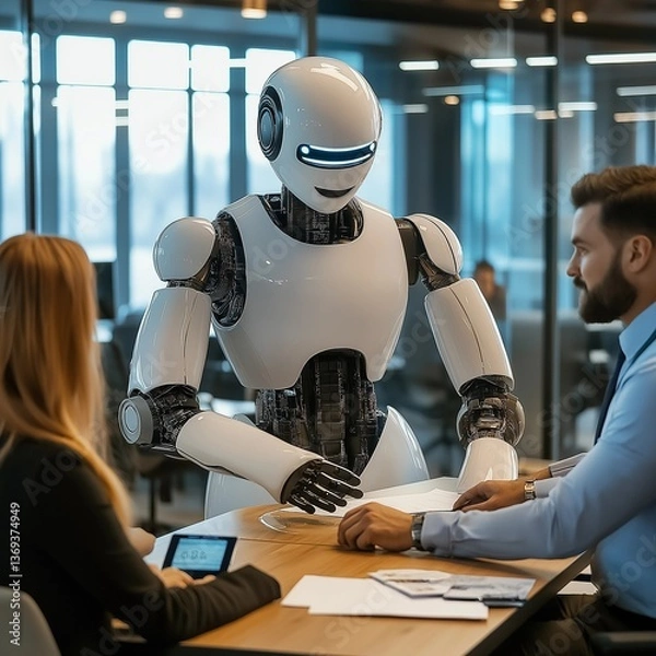 Fototapeta robotic financial consultant interacting with investors in a high-tech office