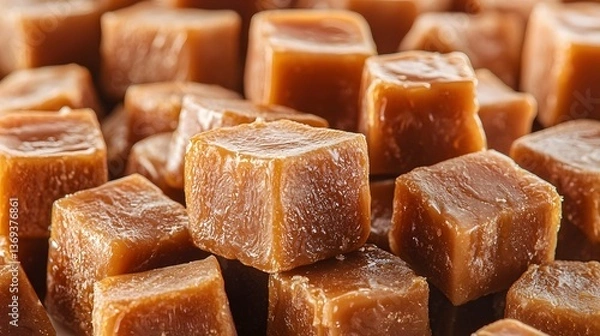 Fototapeta Sticky Fudge Snack, Glistening caramel cubes arranged in a tempting display