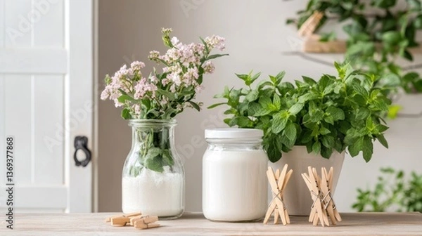 Fototapeta Fresh Herbs and Dairy Products in a Rustic Kitchen Setting