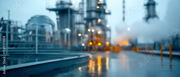 Fototapeta A foggy industrial scene featuring towering refineries with steam, illuminated by orange lights reflecting on a wet surface.