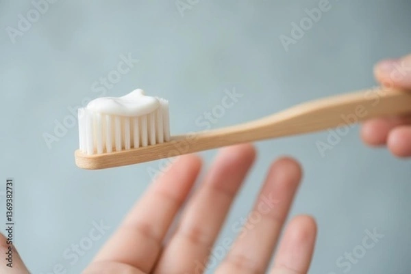 Fototapeta Eco-friendly bamboo toothbrush in serene natural setting close-up view
