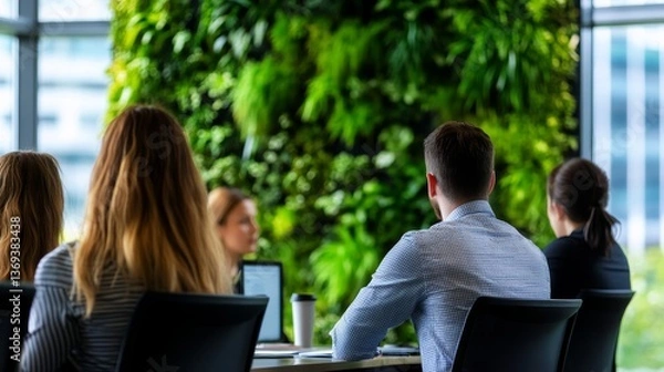 Fototapeta Group of professionals engaged in a meeting with a lush green wall in the background
