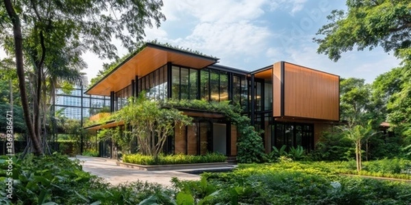 Fototapeta Modern architectural design featuring a glass and wood structure amidst lush greenery.