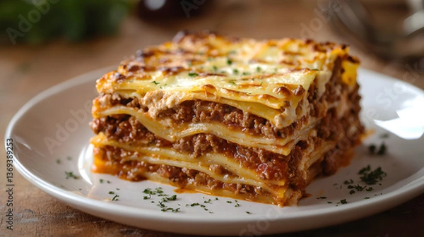 Fototapeta Delicious Homemade Lasagna Bolognese with Layers of Pasta, Meat Sauce, and Cheese on a Plate