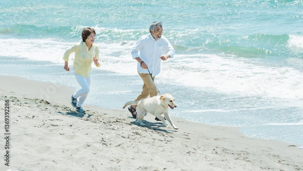 Obraz 愛犬を連れて浜辺を走るシニア夫婦