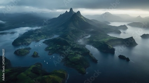 Fototapeta Lush island archipelago, dramatic mountains, serene waterways.  A breathtaking aerial view of a remote island paradise,