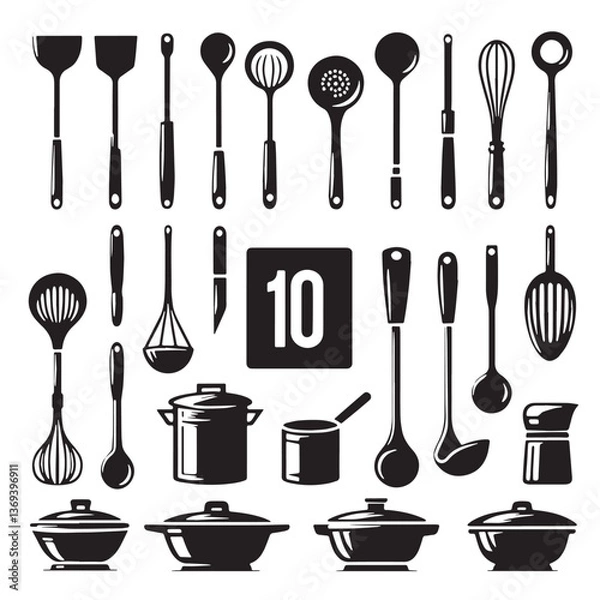Fototapeta Black Color Ladle Silhouette Vector Illustration, Solid White Background