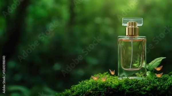 Fototapeta Clear glass perfume bottle on green moss with butterflies, blurred nature background, realistic design and seamless appearance for stock photography use
