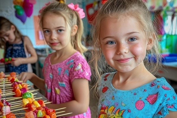 Fototapeta In a kitchen bathed in soft light, two young girls joyfully collaborate on creating colorful fruit skewers, a delightful prelude to dinner Their tiny hands deftly arrange strawberries, grapes, and