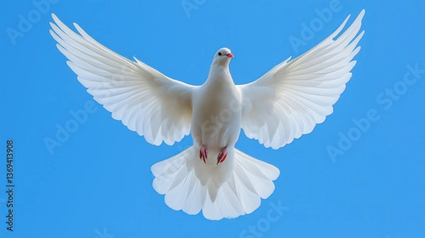 Fototapeta White dove flying in blue sky peace symbol freedom concept bird in flight open wings beautiful bird photography