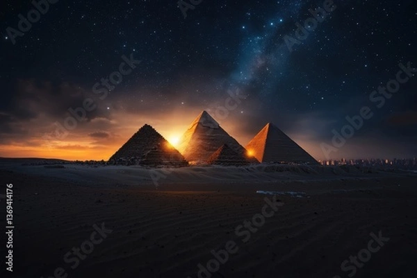 Fototapeta Exploring the famous landmarks of the pyramids of giza under a starry desert sky captivating nightscape photography from the heart of egypt