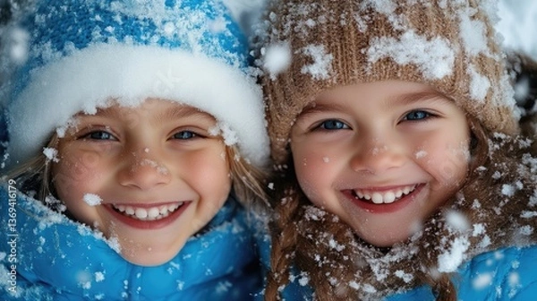 Fototapeta Two happy children covered in snow, smiling broadly