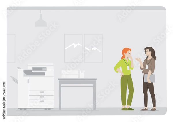 Fototapeta 2 woman having serious discussion work with setting on an office environment with copier, work desk, photos and grey background