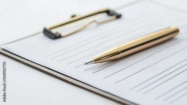 Obraz pen rests on lined paper attached to clipboard, ready for writing