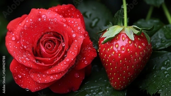 Obraz Dew-Kissed Rose and Strawberry A Symphony of Red