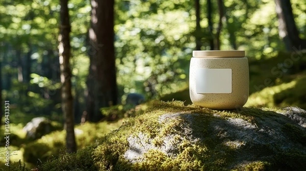 Obraz Minimalist ceramic container, blank label, nestled on moss-covered stone, forest canopy casting soft shadows.