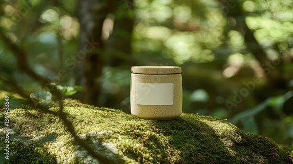 Obraz Minimalist ceramic container, blank label, nestled on moss-covered stone, forest canopy casting soft shadows.